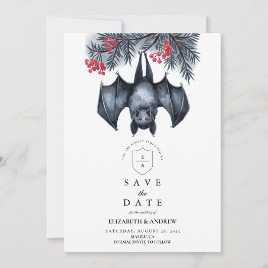 Hanging Bat Gothic Winter Wedding Save The Date (Voorkant)