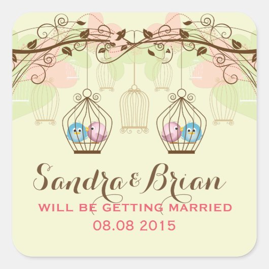 Hanging Bird Cages & Retro Flowers Wedding Sticker (Voorkant)