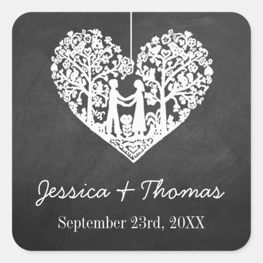 Hanging Heart Tree Chalkboard Weddenschap Vierkante Sticker (Voorkant)