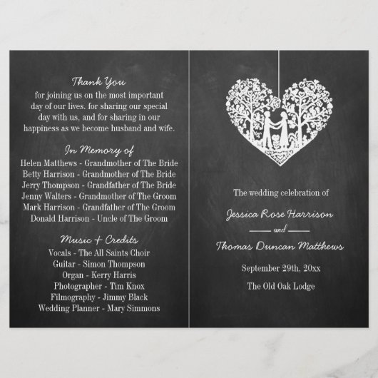 Hanging Heart Tree Chalkboard Wedding Programme (Voorkant)
