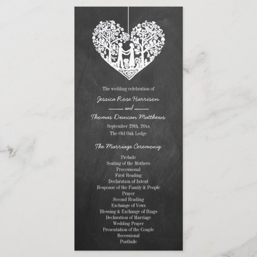Hanging Heart Tree Chalkboard Wedding Programme Programmakaart (Voorkant)