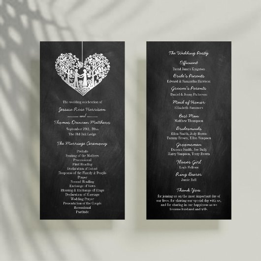Hanging Heart Tree Chalkboard Wedding Programme Reclamekaart