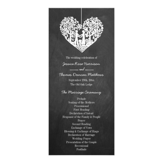 Hanging Heart Tree Chalkboard Wedding Programme Reclamekaart (Voorkant)