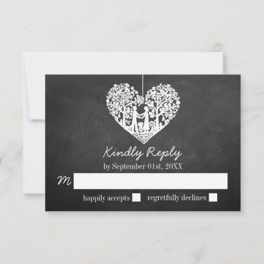 Hanging Heart Tree Chalkboard Wedding RSVP Kaartje (Voorkant)