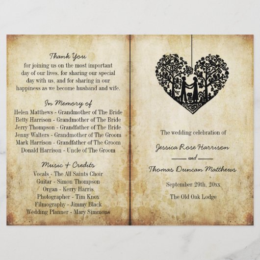 Hanging Heart Tree Vintage Wedding Bi-Fold Program (Voorkant)