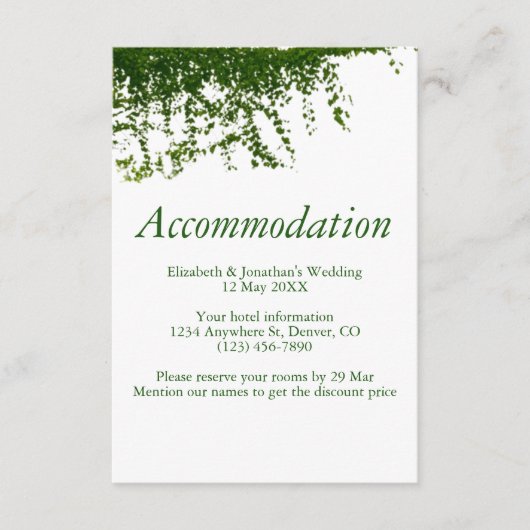 Hanging Ivy Greenery Wedding Accommodatie Informatiekaartje (Voorkant)