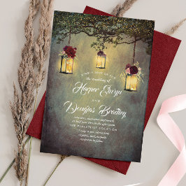 Hanging Lantern Burgundy Red Rustic Wedding Kaart