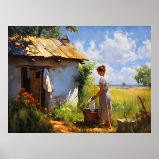 Hanging Laundry bij het huisje Poster (Voorkant)