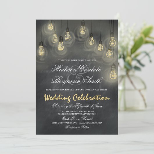 Hanging Lights  Chalkboard Wedding Invites Kaart (Staand voorkant)