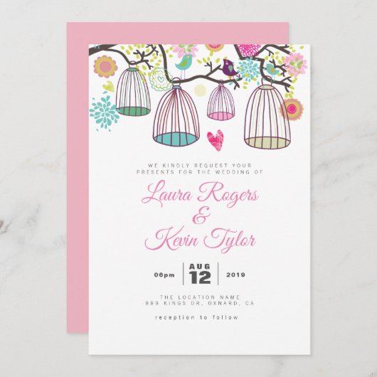 Hanging Love-Birds Cages & Retro Flowers Kaart (Voorkant / Achterkant)