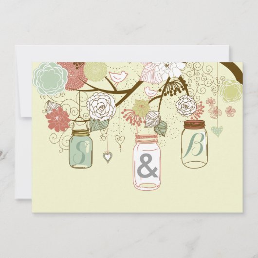 Hanging Mason Jar & Retro Flowers Wedding Invite Kaart (Voorkant)