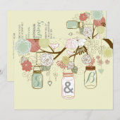 Hanging Mason Jar & Retro Flowers Wedding Invite Kaart (Voorkant / Achterkant)