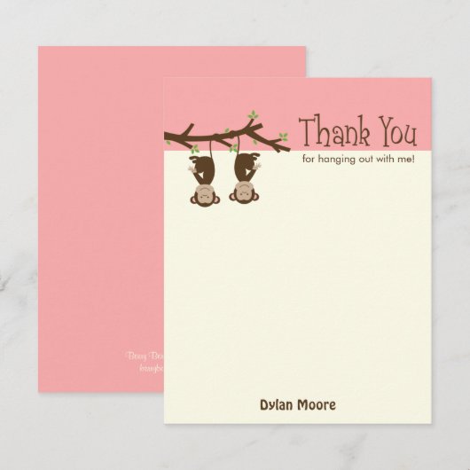 Hanging Monkeys Thank You Card - Roze Bedankkaart (Voorkant / Achterkant)