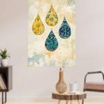 Hanging pendants in an artistic style reminiscent poster<br><div class="desc">Hanging pendants in an artistic style reminiscent of Islamic art and Turkish illumination (tezhip).
Style: A mix of gold geometric and floral patterns on a blue background.
Technique: Watercolor with a textured, earthy-toned background, creating an antique or artistic atmosphere.
Theme: The teardrop-shaped hanging elements evoke traditional decorations or talismans.</div>