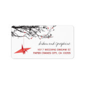 Hanging Red Paper Crane Asian Wedding Address Etiket (Voorkant)