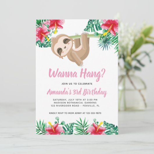 Hanging Sloth Girl Verjaardag Uitnodiging (Staand voorkant)