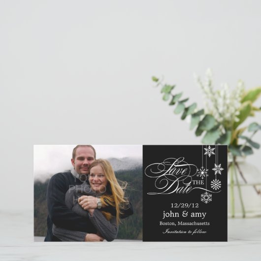Hanging Snowflakes Save The Date Kaart - Zwart (Staand voorkant)
