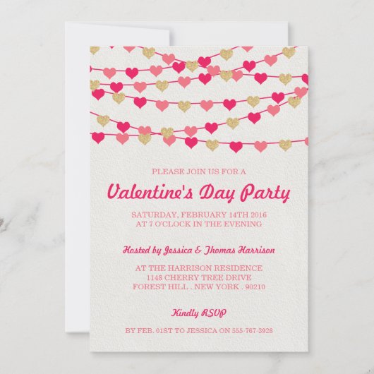 Hanging String Love Hearts Valentijnsdag Party Kaart (Voorkant)