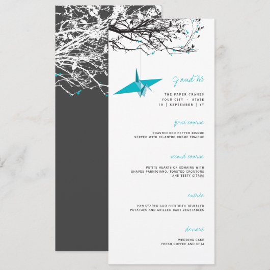 Hanging Turquoise Paper Crane Branch Asian Wedding Menu (Voorkant / Achterkant)