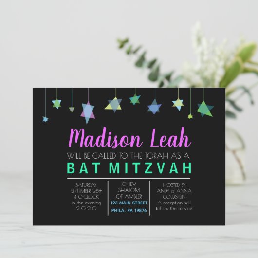 HANGING VAN HEBREW LETTERS Bat Bar Mitzvah Uitnodi Kaart (Staand voorkant)