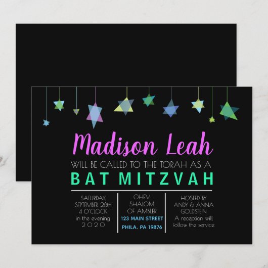 HANGING VAN HEBREW LETTERS Bat Bar Mitzvah Uitnodi Kaart (Voorkant / Achterkant)