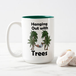 Hangmat Kamperen Uitwaaien Tussen Bomen Kamperen Tweekleurige Koffiemok
