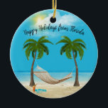 Hangmat op Tropical Beach Keramisch Ornament<br><div class="desc">Hangmat hangend tussen twee palmbomen met zeester,  cocktail drink,  en teenslippers op oceaanstrand zand met wolken.</div>