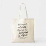 Hangover Memories Funny Wedding Favor Tote Bag<br><div class="desc">De grappige en schattige huwelijksgunst of de canvas tassen van de huwelijksreceptie zijn "de kater duurt slechts een dag, maar de herinneringen duren een leven" in zwarte scripttypografie met je namen en trouwdatum eronder. Droom met 's ochtends achter goodies zoals pijnstiller, water en een oogmasker om een kater-herstelkit te creëer...</div>