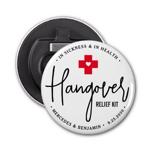 Hangover Relief Kit Personalized Wedding Favor Button Flesopener (Voorkant)