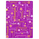 Hannah heeft het korte paarse klembord voor tekstb (Achterkant)