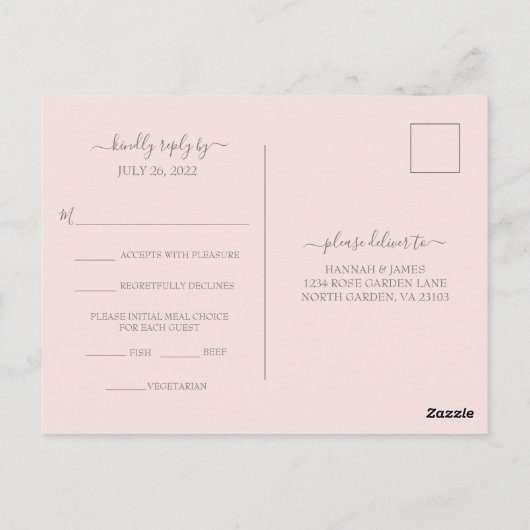 Hannah Modern Simple Pink Meal Choice RSVP Wedding Briefkaart (Achterkant)