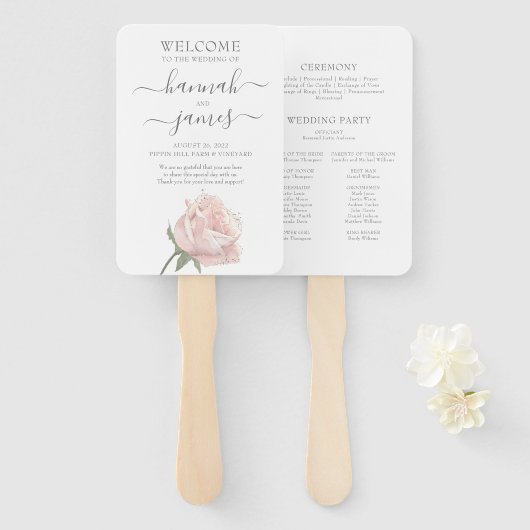 Hannah | Romantische Blush Rozen Calligrafie Handwaaier (Voorkant en achterkant)