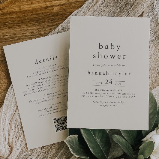 HANNAH Rustic Cream QR Eenvoudig Baby shower Kaart