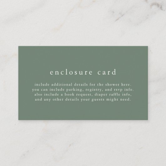 HANNAH Unique Sage Green Boho Eenvoudig Baby showe Informatiekaartje (Voorkant)