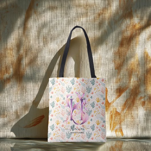 Hannahs Levendig Koraal Bloemige Monogram - H Tote Bag