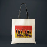 Hannukah Lights Tote Bag<br><div class="desc">Maak het vakantieseizoen nog eens kort met deze kleurrijke Giraffe Chanukah Menorah canvas tas!  Hun silhouet tegen de zonsondergang benadrukt de schoonheid van deze dieren in Magins Creations originele wilde design.  Geweldig cadeauidee voor een van de acht gekke nachten!!  Happy Chanukah!</div>