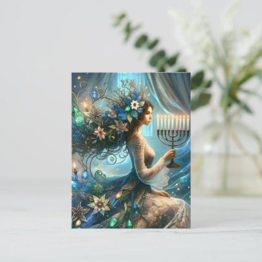 Hannukah Mooie vrouw met Menorah Feestdagenkaart (Staand voorkant)