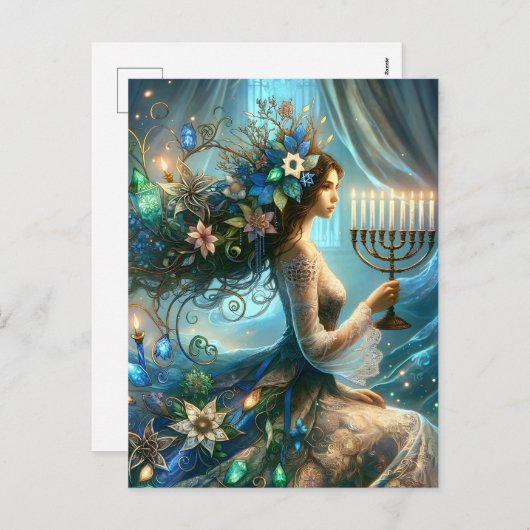 Hannukah Mooie vrouw met Menorah Feestdagenkaart (Voorkant / Achterkant)