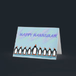 Hannukah pinguins feestdagen kaart<br><div class="desc">Pinguïns vertegenwoordigen de manorah kaarsen van Hannukah.</div>