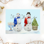 Hanoeka en de Waterverf van Kerstmis Snowman Feestdagenkaart<br><div class="desc">Dit ontwerp kan op het gebied worden gepersonaliseerd dat door de foto en/of tekst te veranderen wordt verstrekt. Of het kan worden aangepast door de klik te kiezen om verdere optie aan te passen en de kleur van de achtergrond te schrappen of te veranderen, tekst toe te voegen, de tekstkleur...</div>