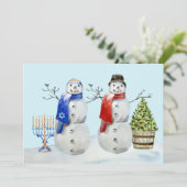 Hanoeka en de Waterverf van Kerstmis Snowman Feestdagenkaart (Staand voorkant)
