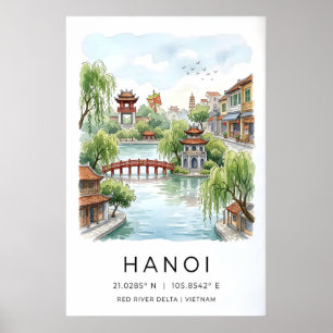Hanoi Waterverfprint, Rode Gebogen Brug, Meer Poster