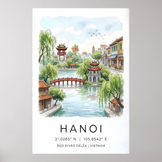Hanoi Waterverfprint, Rode Gebogen Brug, Meer Poster (Voorkant)