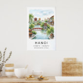 Hanoi Waterverfprint, Rode Gebogen Brug, Meer Poster (Keuken)