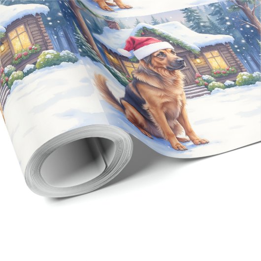 Hanoverian Scenthound Snowy Forest Cabin Santa Hat Cadeaupapier (Rol Hoek)