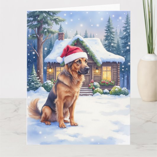 Hanoverian Scenthound Snowy Forest Cabin Santa Hat Kaart (Voorkant)