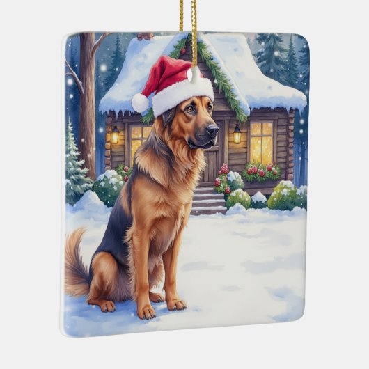 Hanoverian Scenthound Snowy Forest Cabin Santa Hat Keramisch Ornament (Rechts)