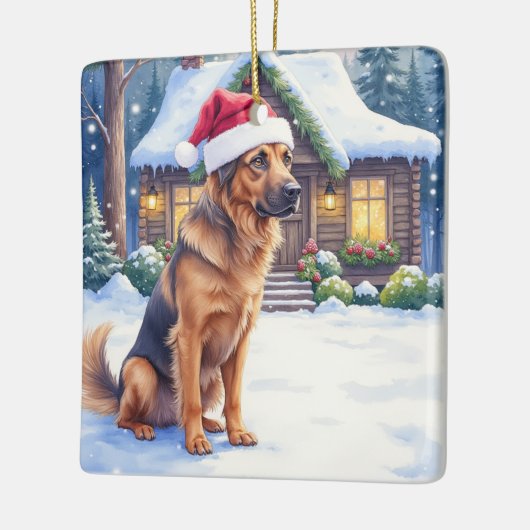 Hanoverian Scenthound Snowy Forest Cabin Santa Hat Keramisch Ornament (Links)