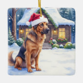 Hanoverian Scenthound Snowy Forest Cabin Santa Hat Keramisch Ornament (Voorkant)