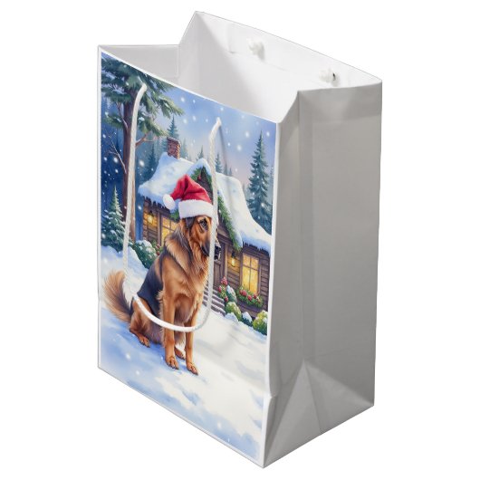 Hanoverian Scenthound Snowy Forest Cabin Santa Hat Medium Cadeauzakje (Voorkant Gekanteld)